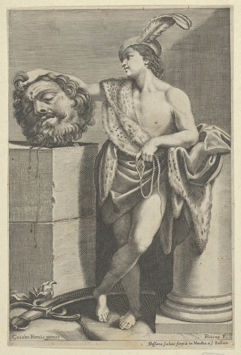 David standing with crossed legs and holding the head of Goliath on a pedestal at left, a sword on the ground, after Reni by Giacomo Piccini, print, 1630-1670
