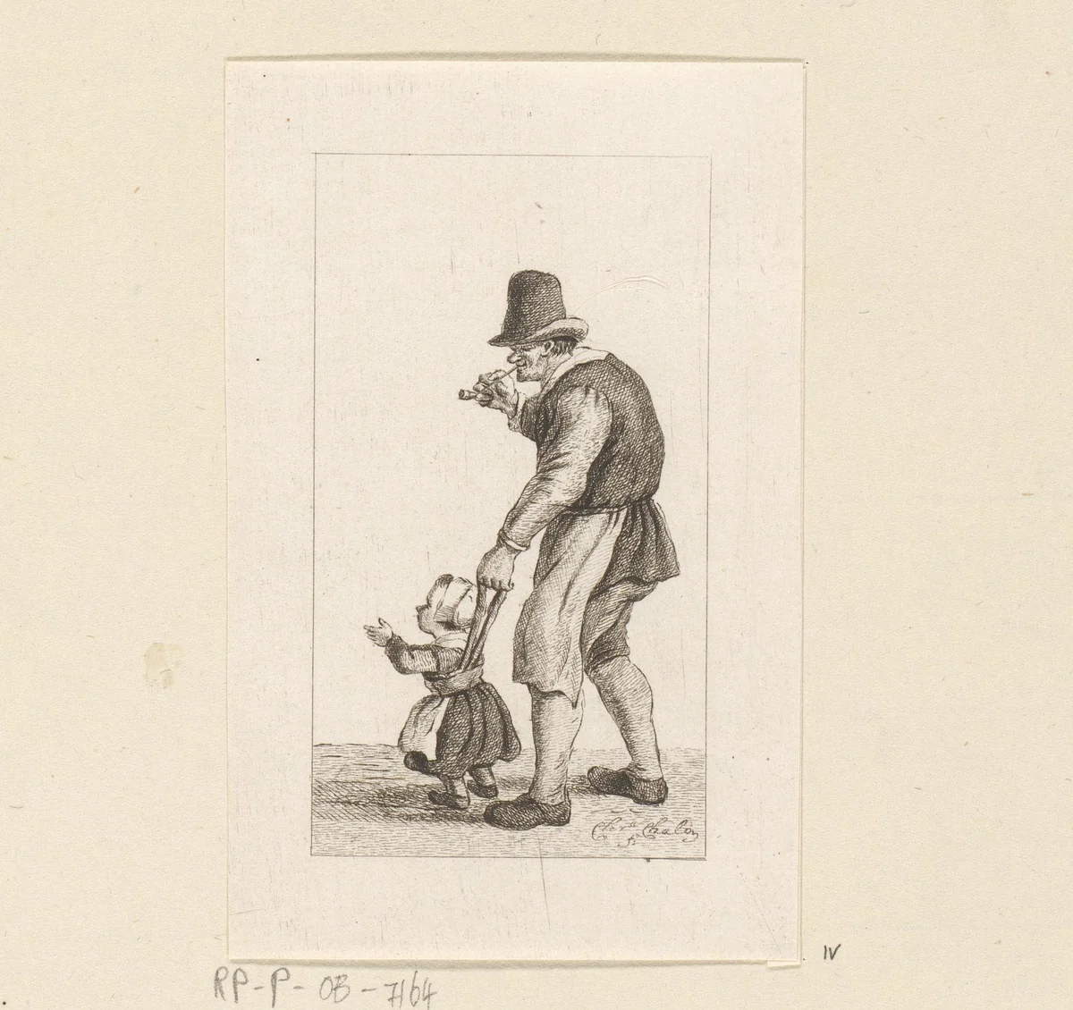 Staande man met kind aan een leiband by Pieter de Mare, print, 1779