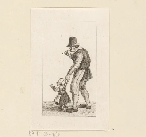 Staande man met kind aan een leiband by Pieter de Mare, print, 1779
