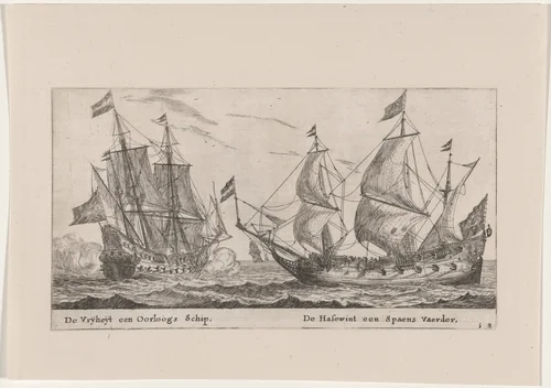 The "Vrijheijt," a Man-of-War and the "Hazewind," a Merchantman for Spain by Reinier Nooms, print, 1647-1657