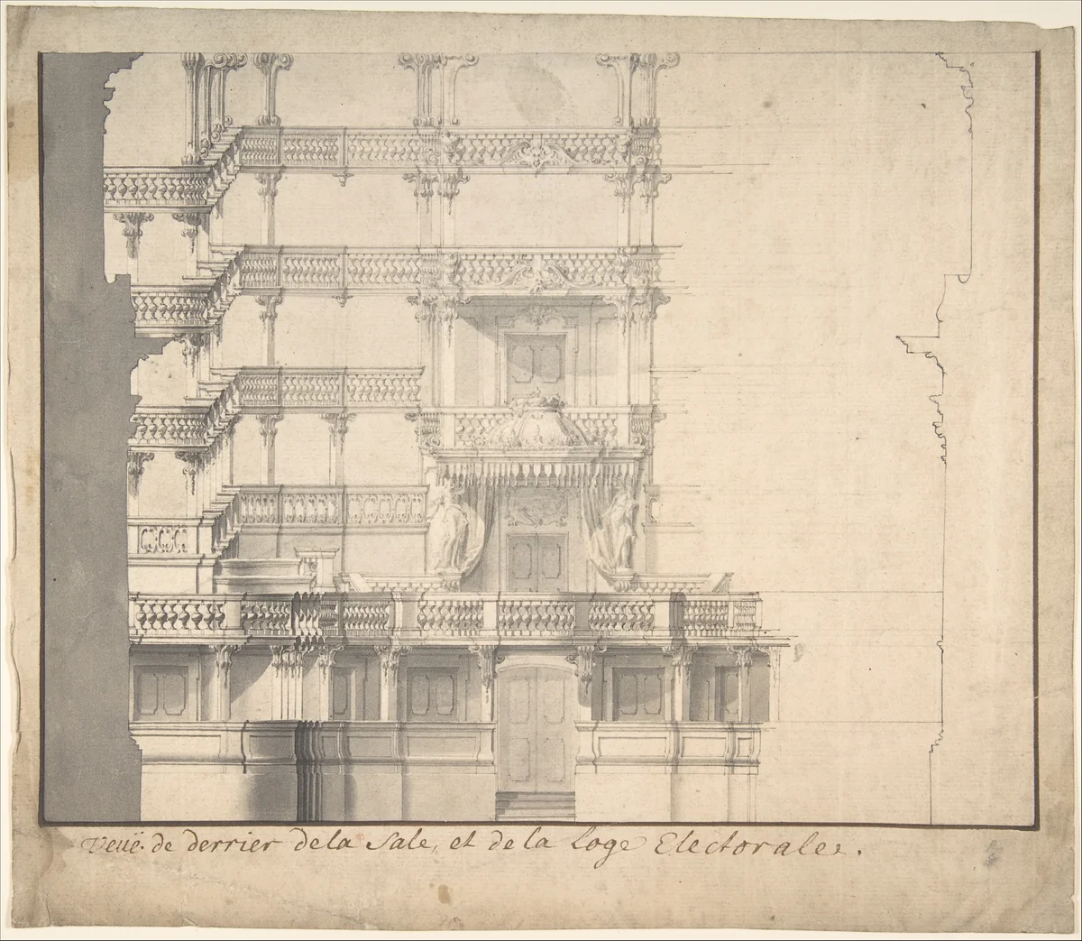 Section of the Interior of a Court Theater (of Mannheim) by Alexander Galli Bibiena, drawing, 1687-1769