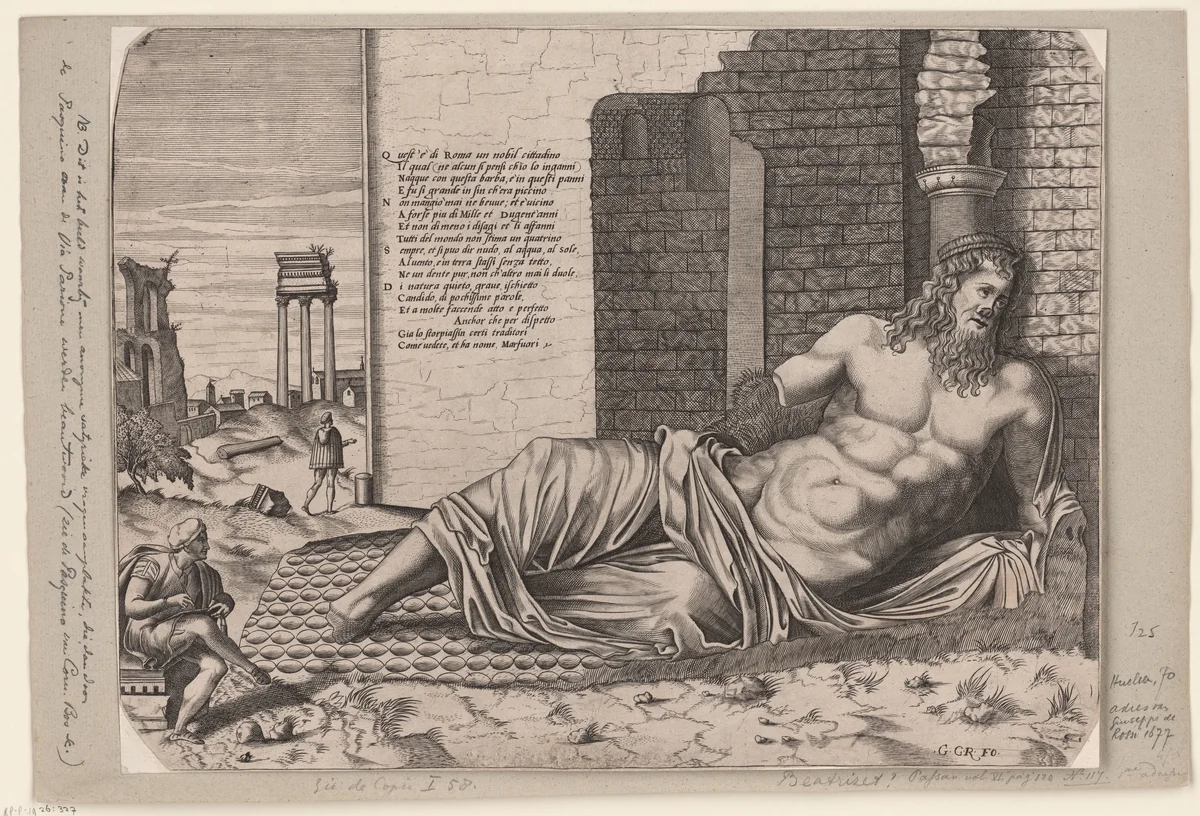 Een tekenaar bij het beeld van de Tiber (Marforio) by anonymous, print, 1677