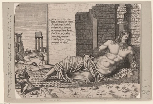 Een tekenaar bij het beeld van de Tiber (Marforio) by anonymous, print, 1677