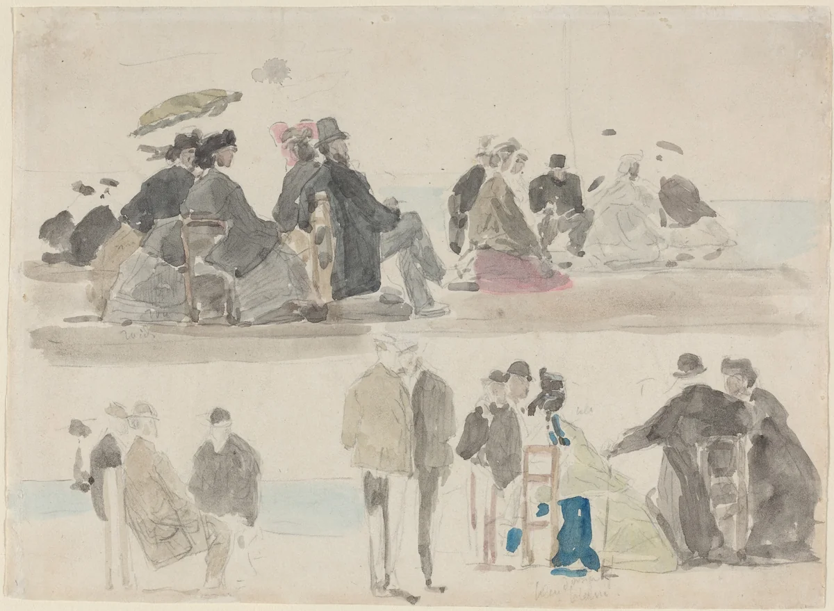 Ladies and Gentlemen on the Beach, in Two Registers by Eugène Boudin, drawing, 1865