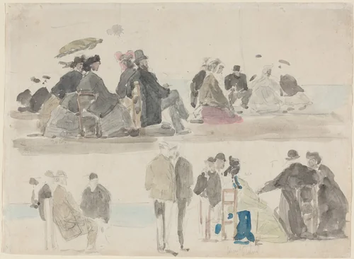 Ladies and Gentlemen on the Beach, in Two Registers by Eugène Boudin, drawing, 1865
