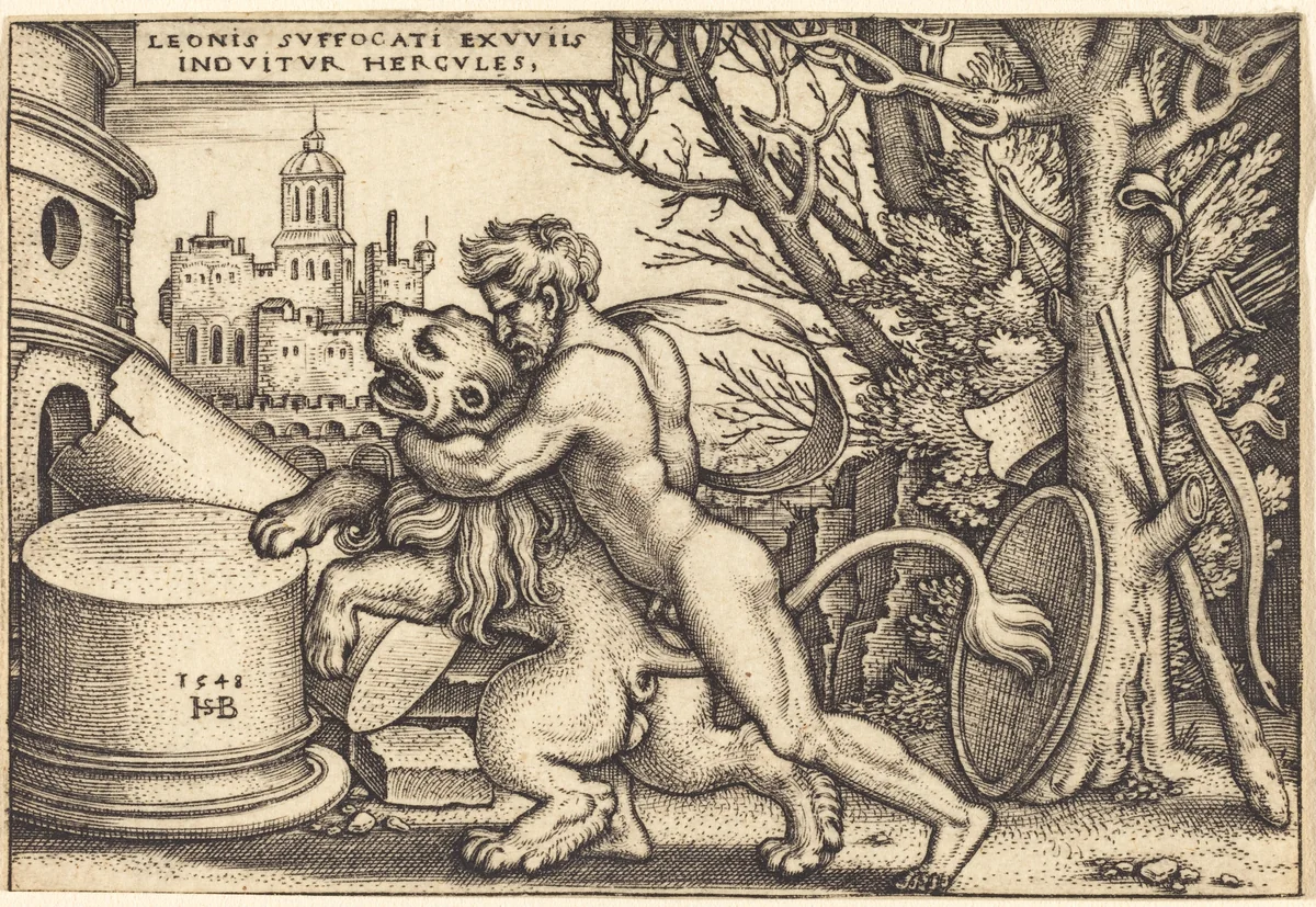 Hercules Killing the Nemean Lion by Sebald Beham, print, 1548