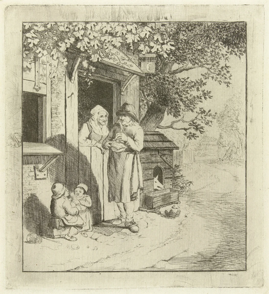 Man aan de deur van een herberg by Marie Lambertine Coclers, print, 1776-1815