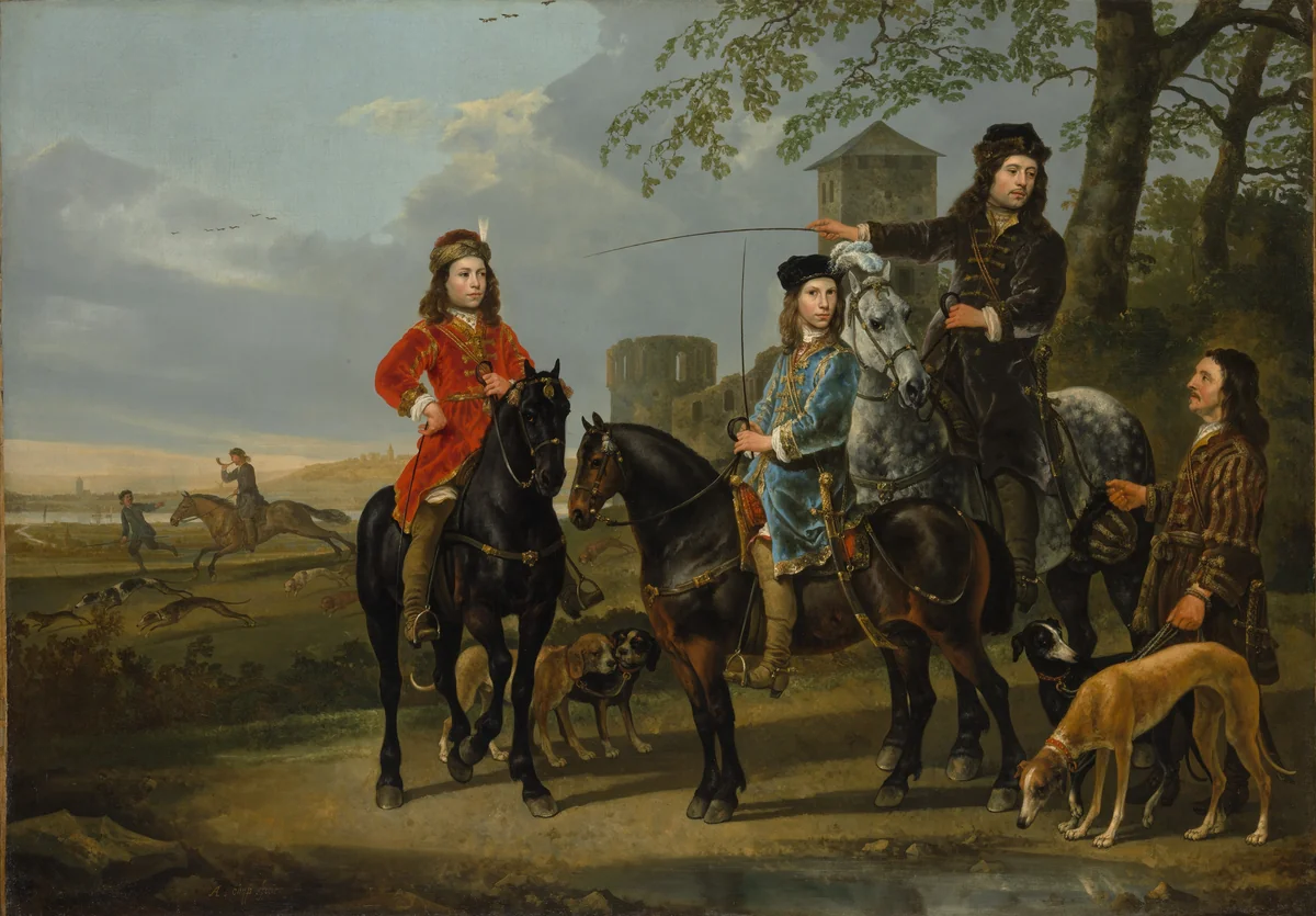 Equestrian Portrait of Cornelis (1639–1680) and Michiel Pompe van Meerdervoort (1638–1653) with Their Tutor and Coachman by Aelbert Cuyp, painting, 1652-1653