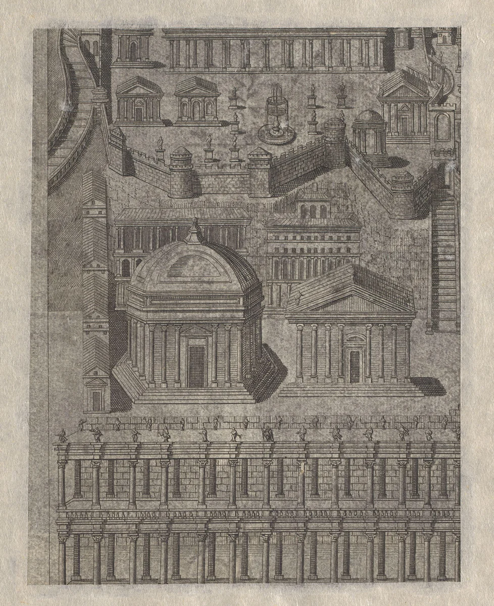 Fragment van een gedetailleerde architectuurstudie van de stad Jerusalem (?) by anonymous, print, 1550-1700