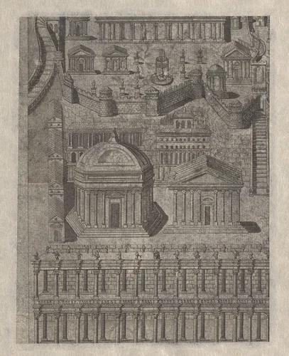 Fragment van een gedetailleerde architectuurstudie van de stad Jerusalem (?) by anonymous, print, 1550-1700