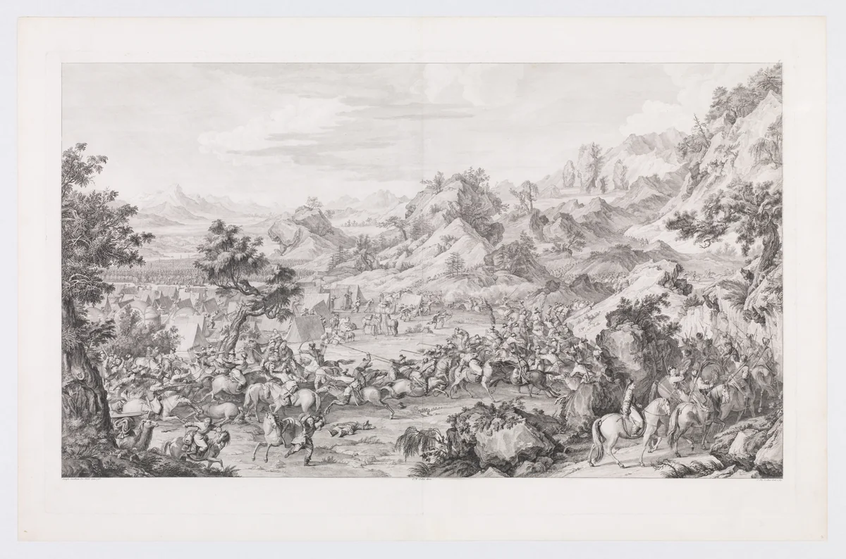 Storming the Camp at Mount Gadan by Jacques-Philippe Le Bas, print, 1769