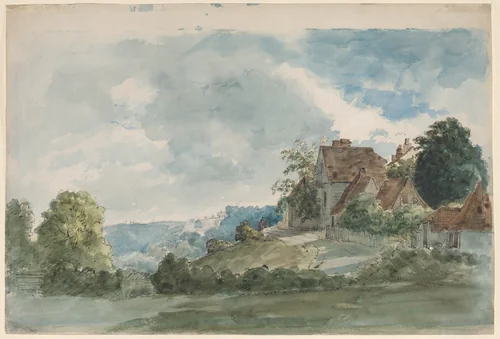 Cottages in an extensive landscape by William Henry Hunt, drawing, 1823-1830
