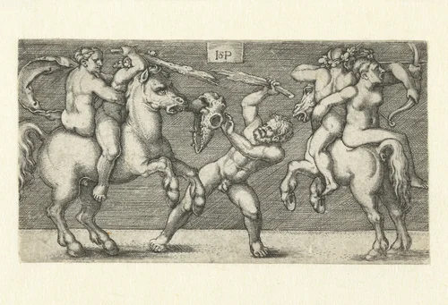 Gevecht tussen twee mannen met vrouwen te paard en een staande man by Unknown, print, 1510-1550