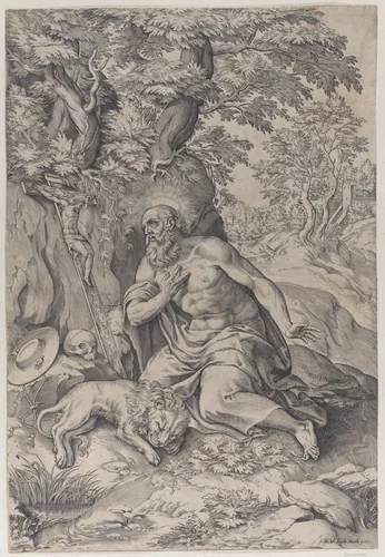 Saint Jerome in the wilderness, with a lion at left by Michelangelo Marelli, print, 1578-1580