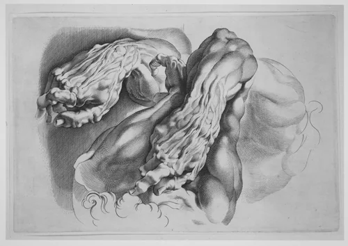 Three Studies of Écorchés by Paulus Pontius, print, 1640-1650