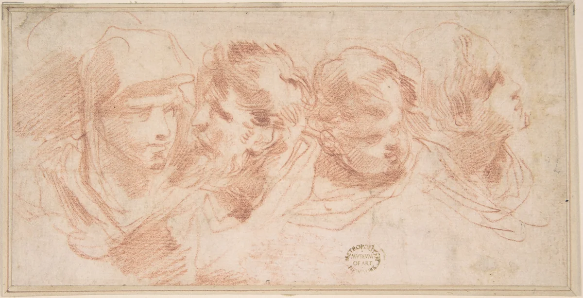Studies of Four Heads by anonymous, drawing, 1600-1700