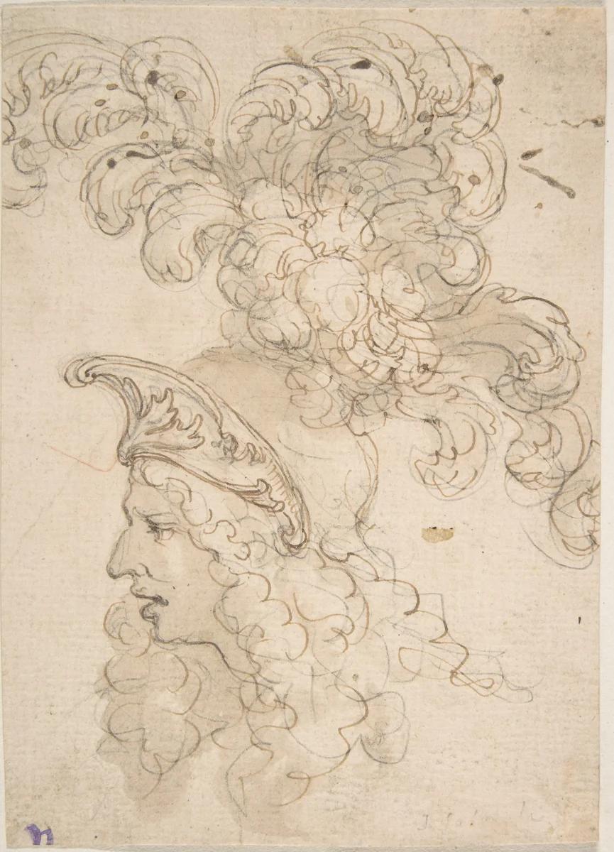 Design for a Helmet with an Elaborate Plume by Giovanni Battista Foggini, drawing, 1652-1725