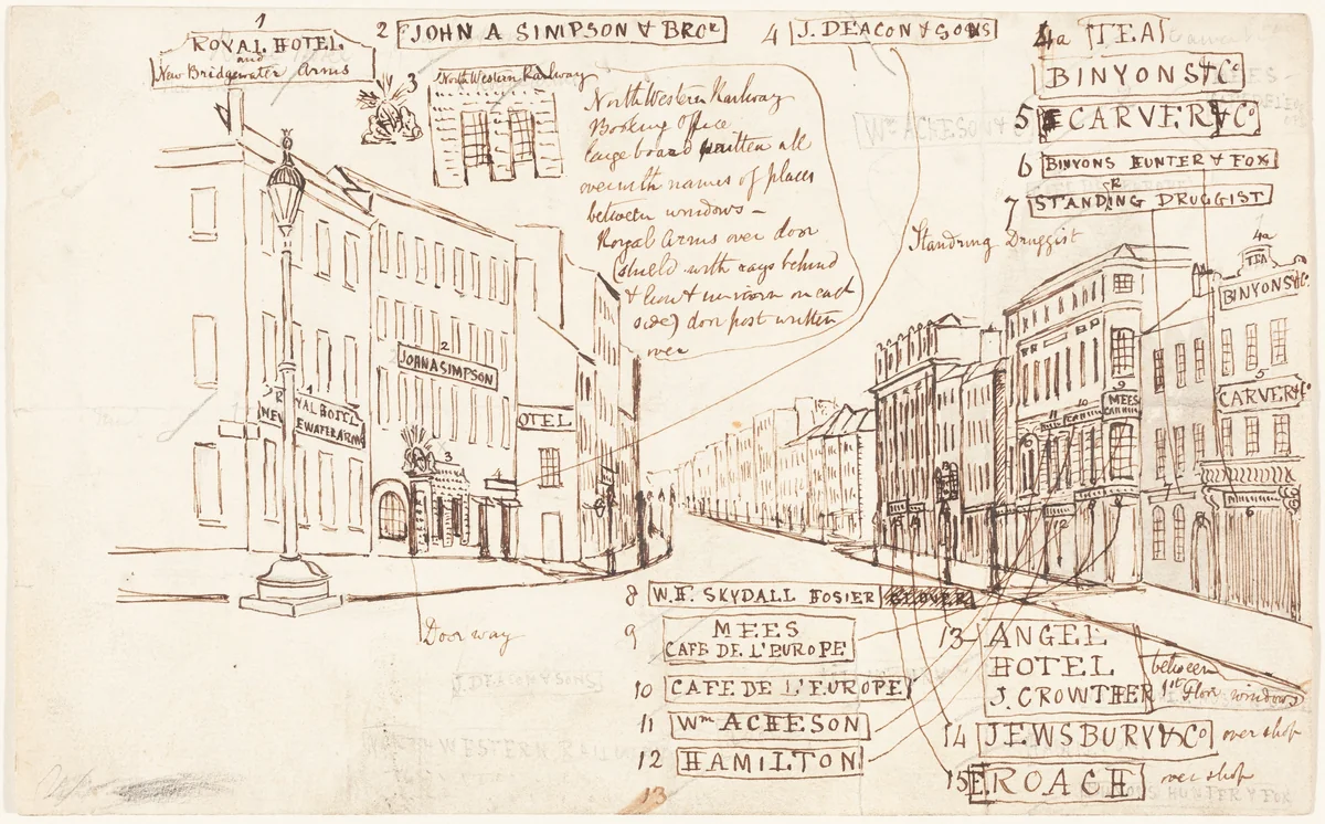 Street Perspective with Places of Business Labeled by George Cruikshank, drawing, 1792-1878