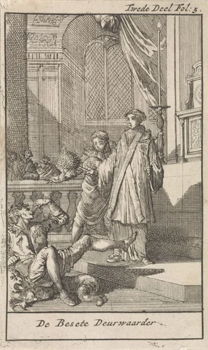 Priester met wijwaterkwast voor de bezeten deurwaarder by Caspar Luyken, print, 1699