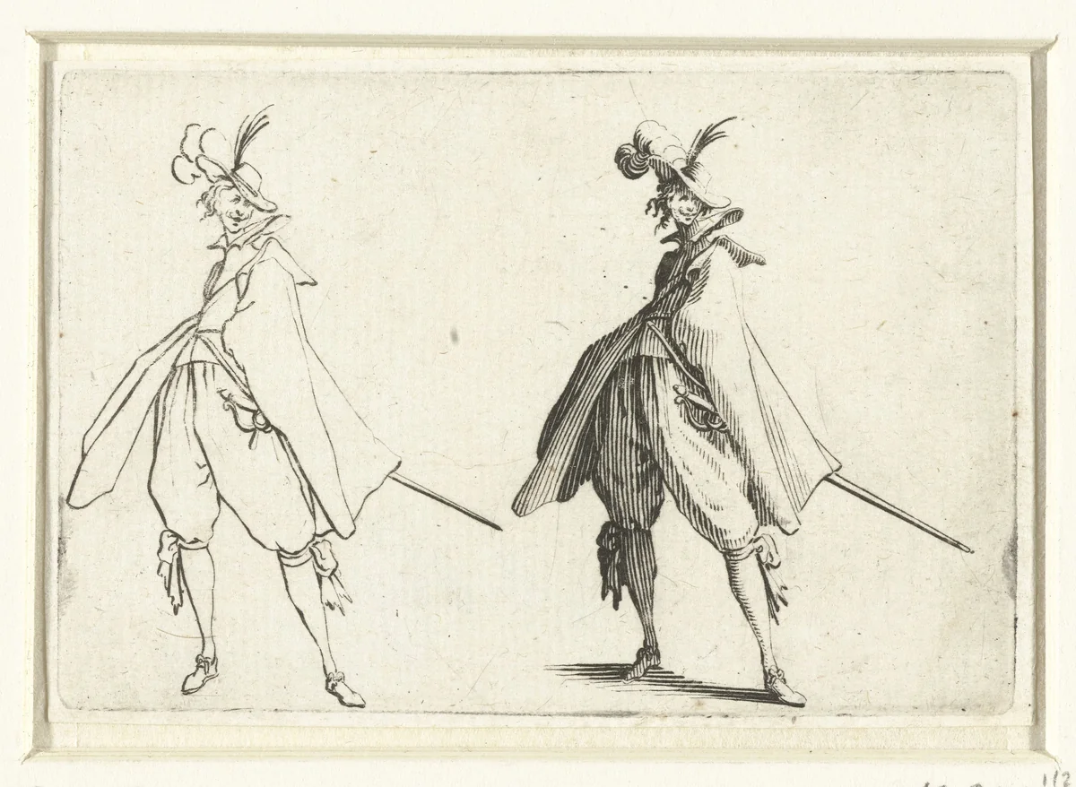 Tweemaal dezelfde man met mantel en zwaard, van voren gezien by Jacques Callot, print, 1621
