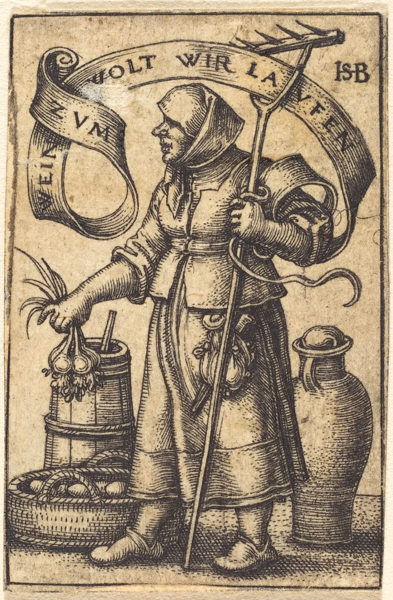 Peasant Woman at Market by Sebald Beham, print, 1542