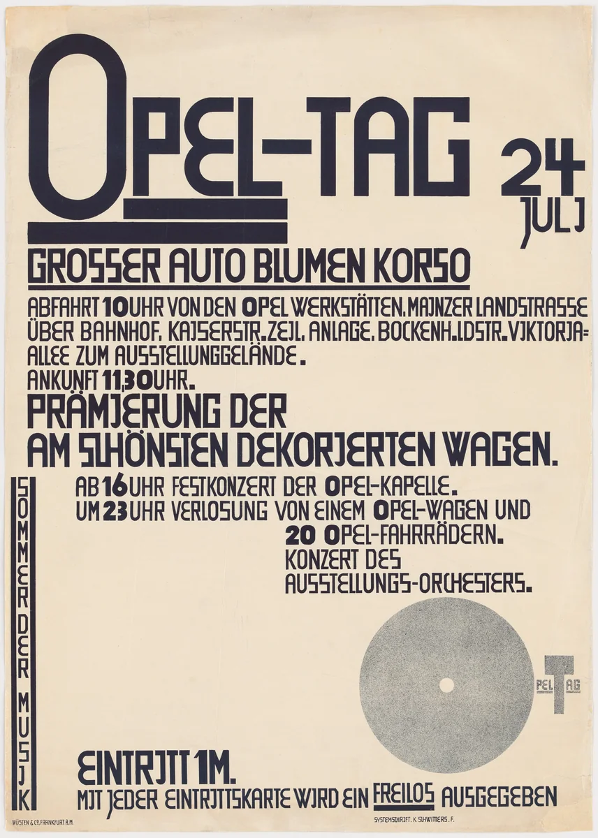 Poster for Opel Day: Great car and flower parade (Opel-Tag: Grosser Auto Blumen Korso) by Kurt Schwitters, design, 1927