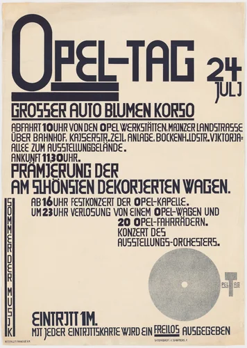 Poster for Opel Day: Great car and flower parade (Opel-Tag: Grosser Auto Blumen Korso) by Kurt Schwitters, design, 1927