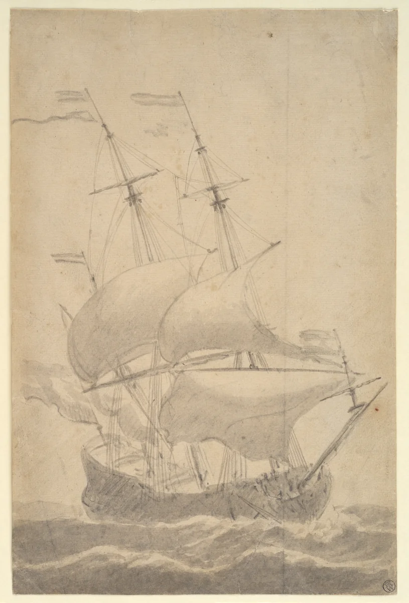 A Dutch Ship in a Strong Breeze by Willem van de Velde, drawing, 1662-1668