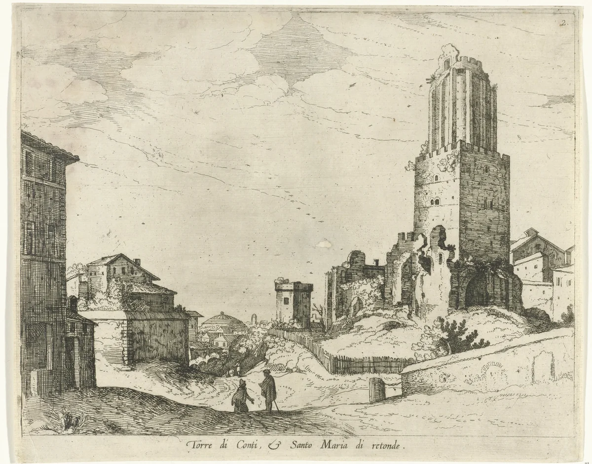 Torre delle Milizie en het Pantheon by Guilliam van Nieulandt, print, 1594-1635