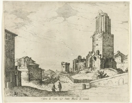 Torre delle Milizie en het Pantheon by Guilliam van Nieulandt, print, 1594-1635