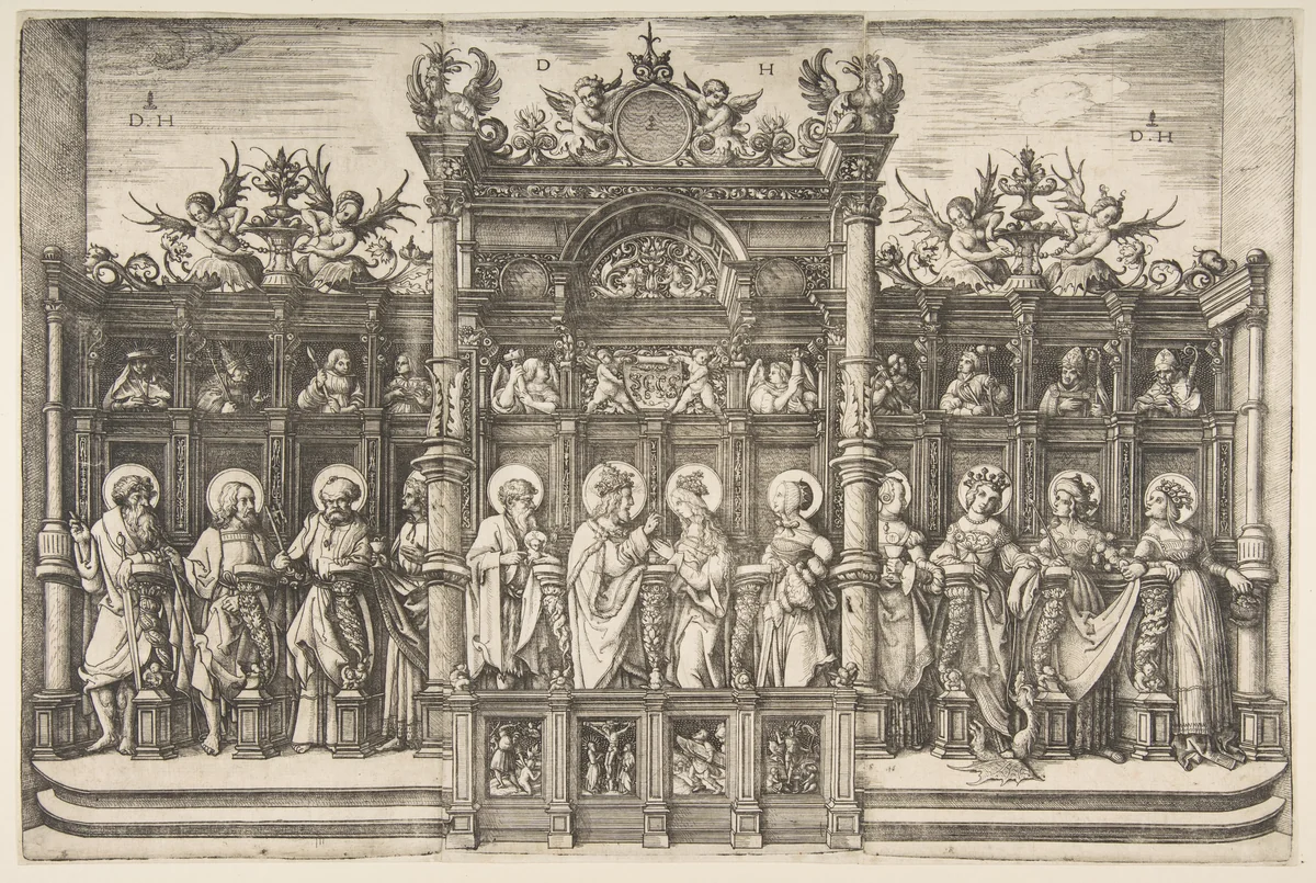 Large Choirstall with Christ Blessing the Virgin by Daniel Hopfer, print, 1513-1525