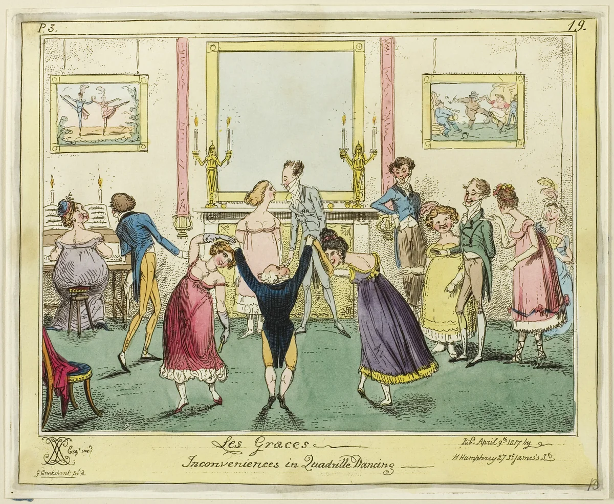 Les Graces - Inconveniences in Quadrille Dancing by George Cruikshank, print, 1817