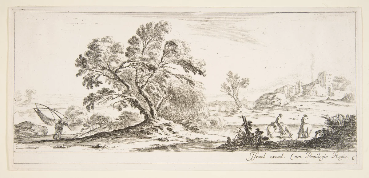 Plate 6: a fisherman carrying a net to left, two horsemen in a stream to right, a tree in center, a castle in ruins to right in the background, from 'Various landscapes' (Divers paysages) by Stefano della Bella, print, 1636-1646