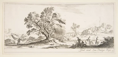 Plate 6: a fisherman carrying a net to left, two horsemen in a stream to right, a tree in center, a castle in ruins to right in the background, from 'Various landscapes' (Divers paysages) by Stefano della Bella, print, 1636-1646