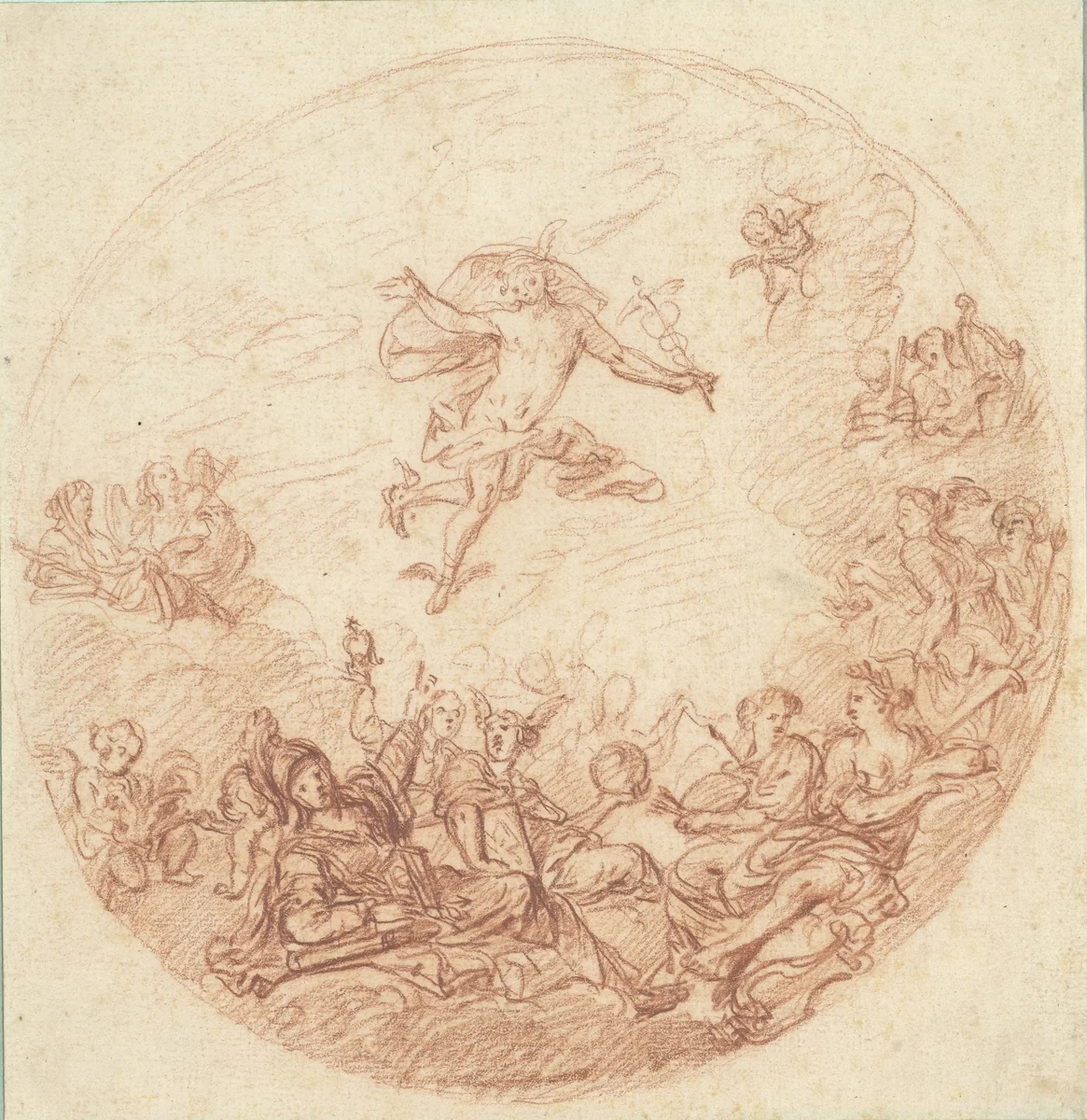 Ontwerp voor een rond plafond met Mercurius en Minerva by anonymous, drawing, 1700-1800