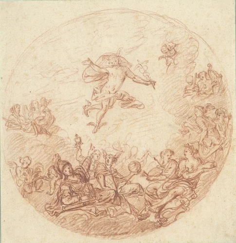 Ontwerp voor een rond plafond met Mercurius en Minerva by anonymous, drawing, 1700-1800