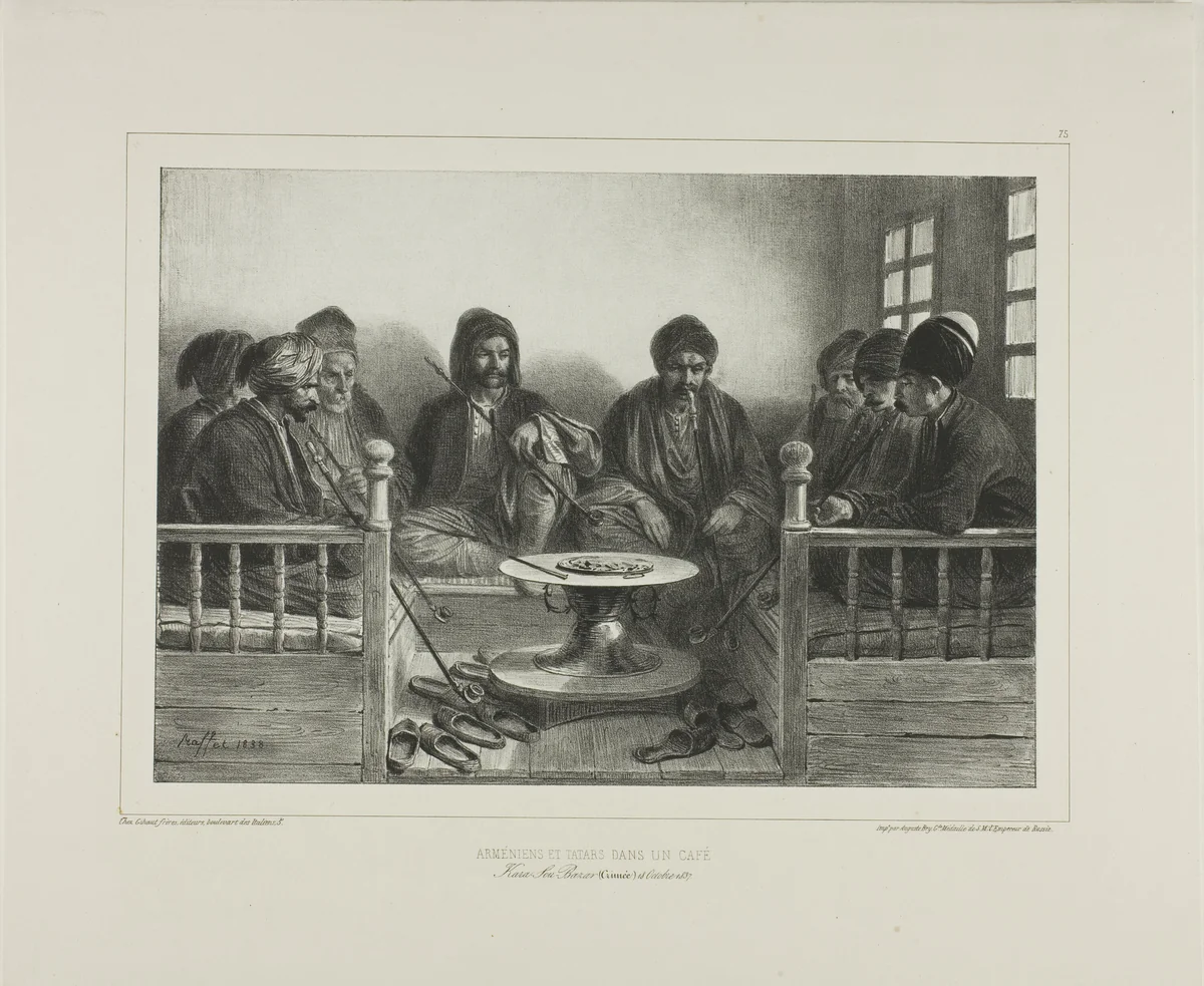 Armenians and Tartars in a Cafe by Denis Auguste Marie Raffet, print, 1838