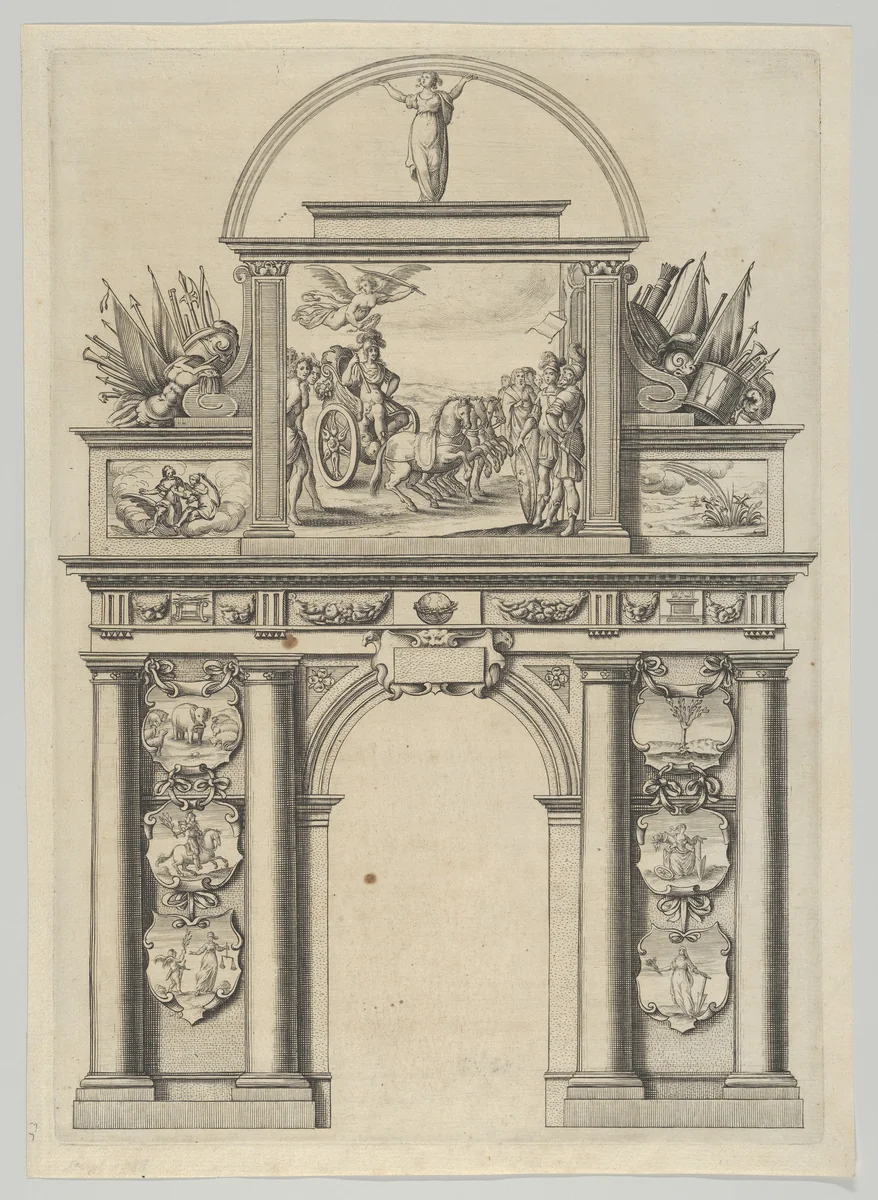 Triumphal arch, from 'Éloges et discours sur la triomphante réception du Roy en sa ville de Paris ...' by Jean-Baptiste de Machault by Melchior Tavernier, print, 1629