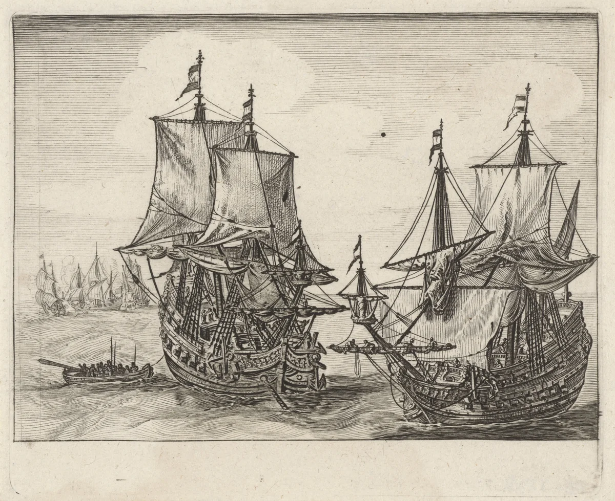 Twee Nederlandse oorlogsschepen voor anker by Salomon Savery, print, 1610-1665