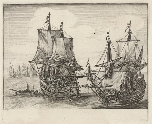 Twee Nederlandse oorlogsschepen voor anker by Salomon Savery, print, 1610-1665