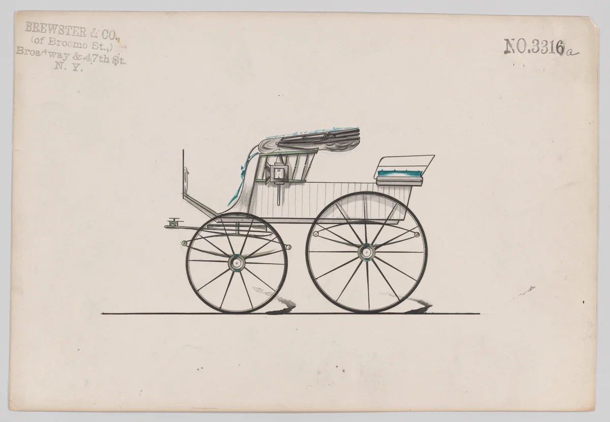 Design for Stanhope Phaeton, no. 3316a by Brewster & Co., drawing, 1877