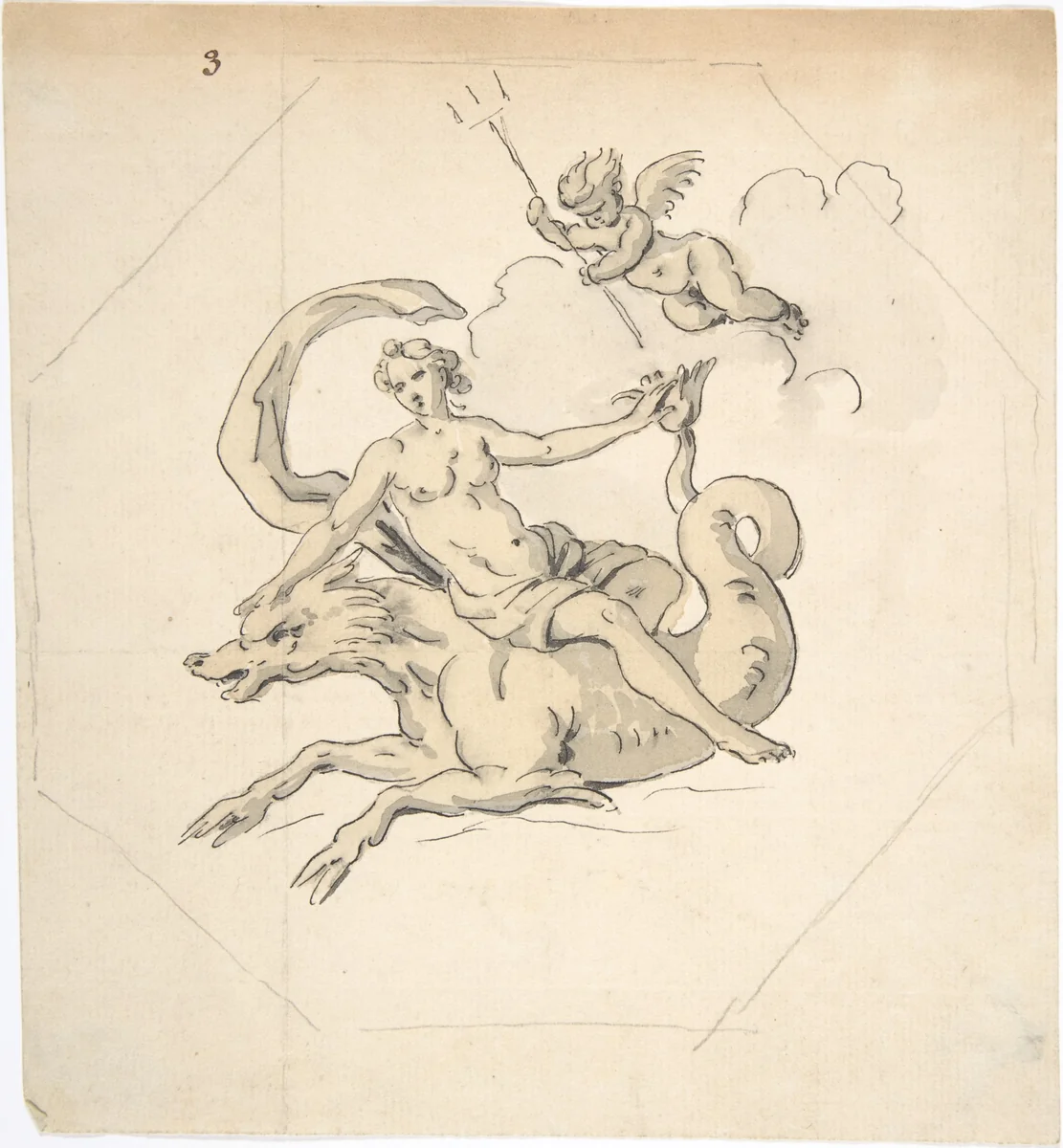 Ceiling Design of a Nereid Mounted on a Hippocamp with Putto by anonymous, drawing, 1700-1799