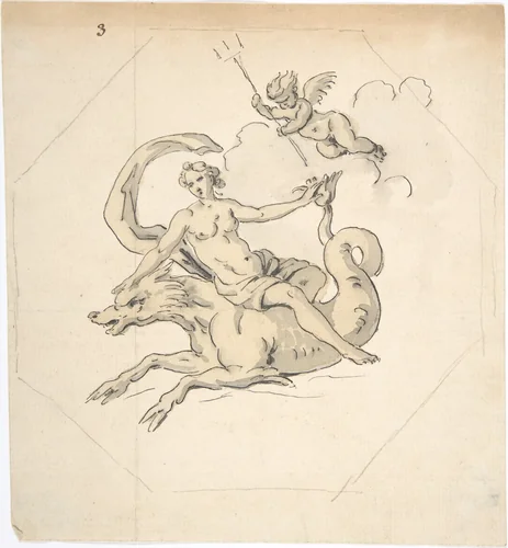 Ceiling Design of a Nereid Mounted on a Hippocamp with Putto by anonymous, drawing, 1700-1799