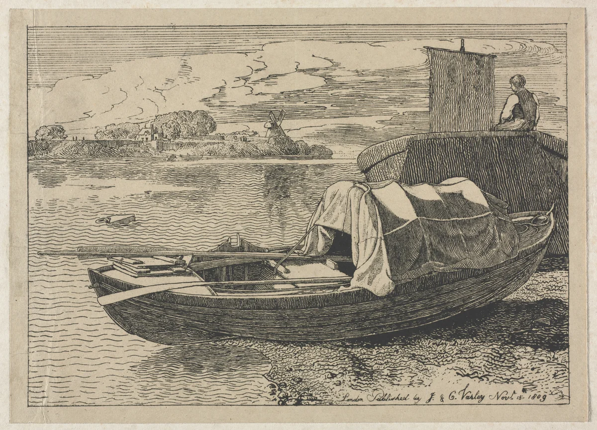 Boats on a River, Windmill in Distance by Cornelius Varley, print, 1809
