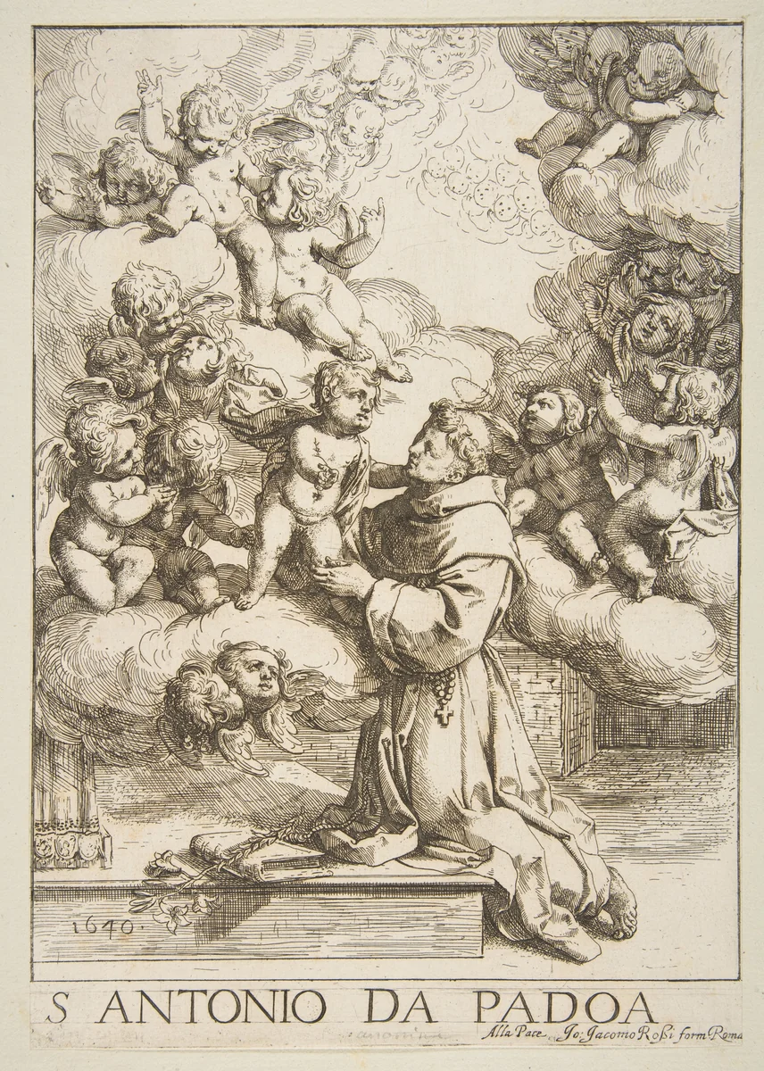 Saint Anthony of Padua adoring the Christ Child, copy after Cantarini by anonymous, print, 1640