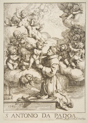 Saint Anthony of Padua adoring the Christ Child, copy after Cantarini by anonymous, print, 1640