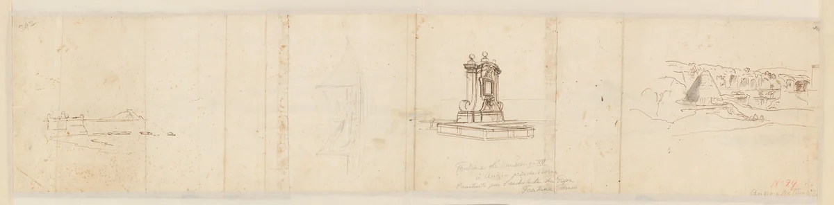 Sketches of Anzio, a Fountain and a Boat / Recto: Panorama of the Bay and Cities of Anzio and Nettuno by Caspar van Wittel, drawing, 1674-1736