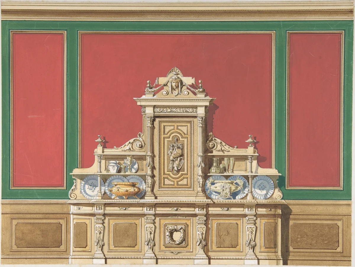 Interior Design for Large Display Cabinet against Red and Green Panelling by anonymous, drawing, 1880-1900