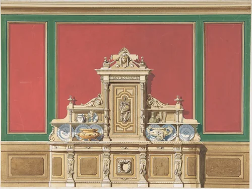 Interior Design for Large Display Cabinet against Red and Green Panelling by anonymous, drawing, 1880-1900