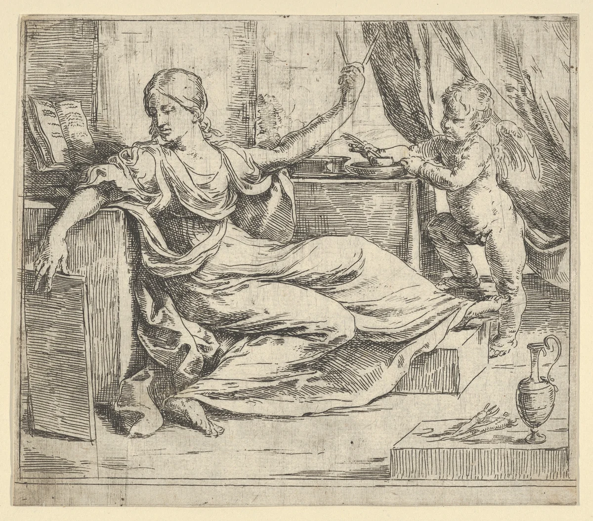Seated woman holding a tablet and compass (allegory of learning), a winged putto at right by Guido Reni, print, 1595-1645